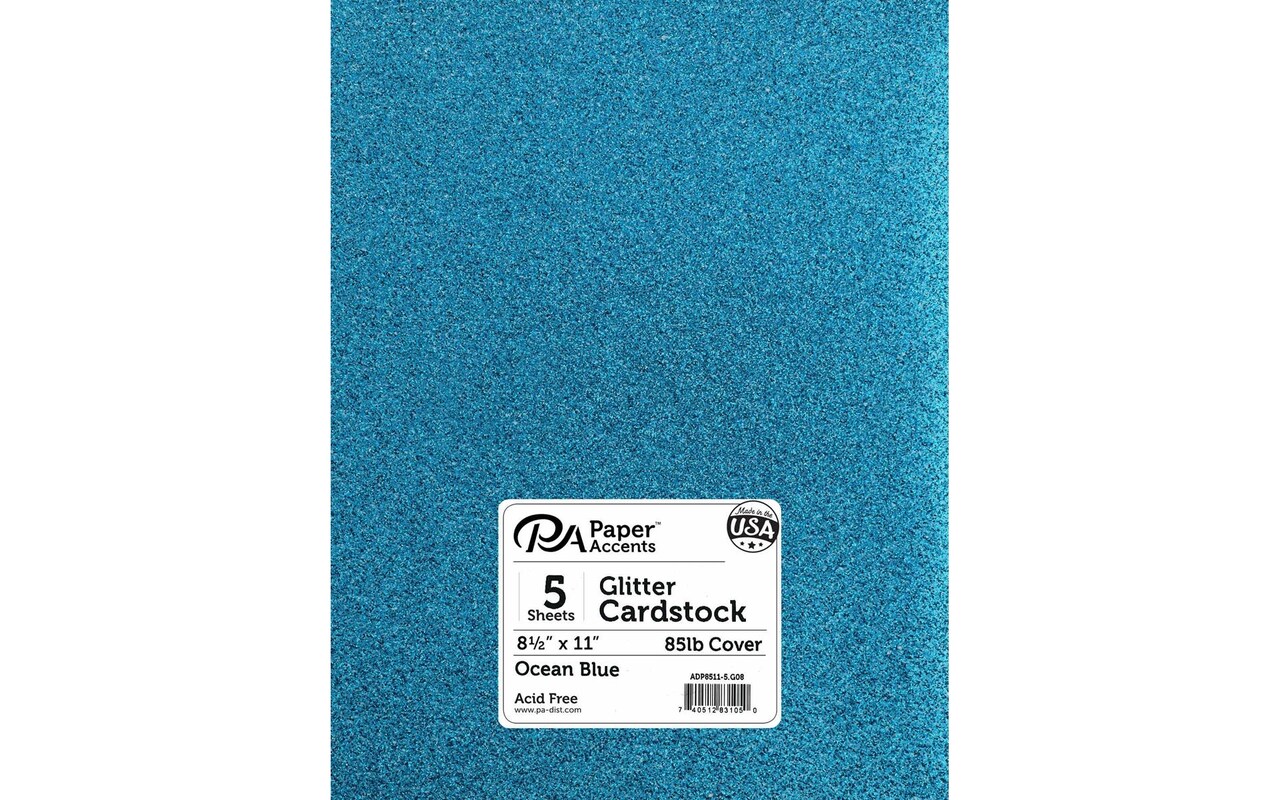 PA Paper Accents Glitter Cardstock 8.5" x 11" Ocean Blue, 85lb colored cardstock paper for card making, scrapbooking, printing, quilling and crafts, 5 piece pack